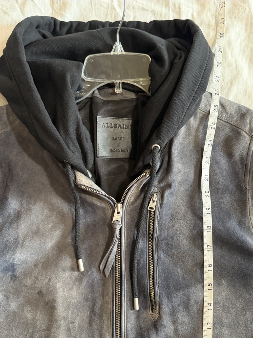 AllSaints Suede Goat Leather Bomber Jacket Hooded Size Large - Picture 8 of 10